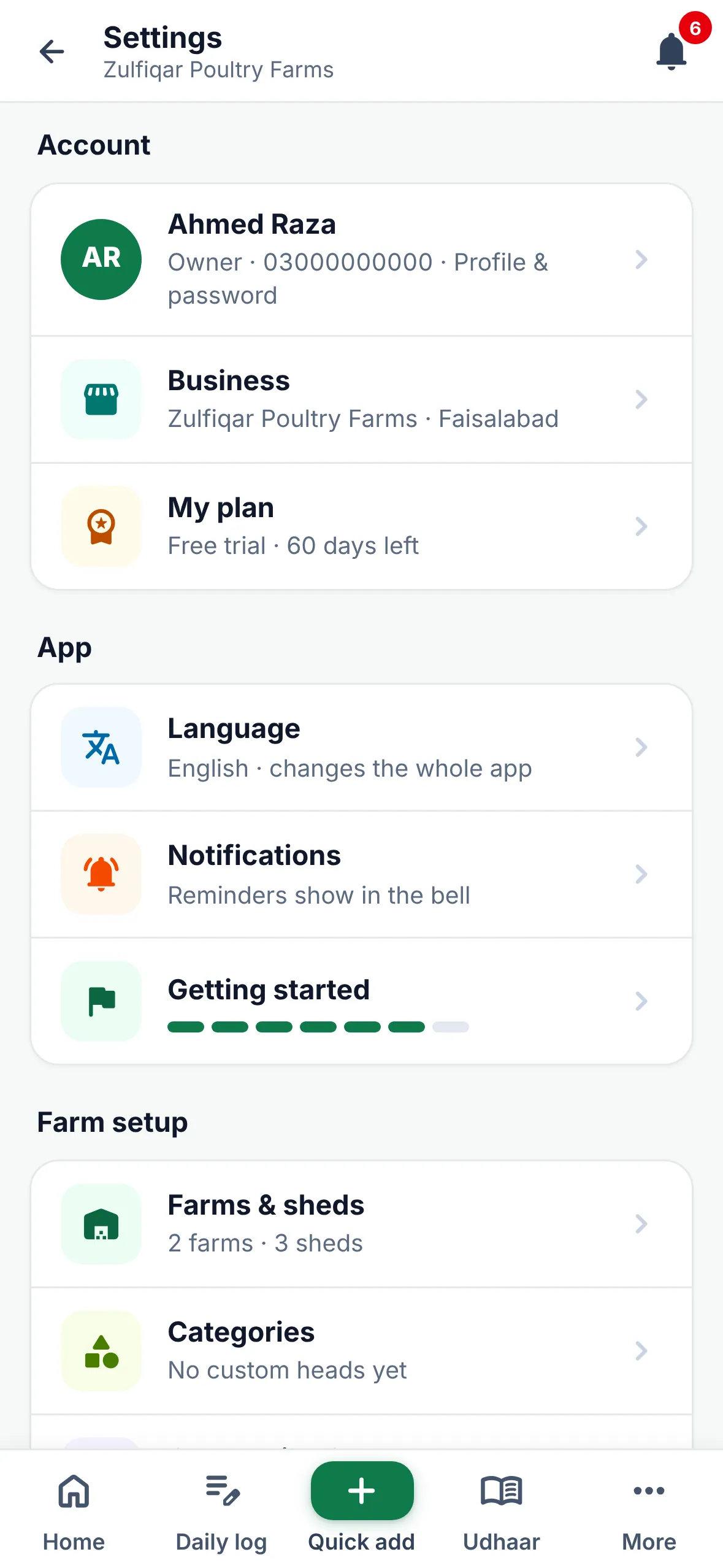Settings screen: profile, business, plan, language, notifications, getting started and farm setup